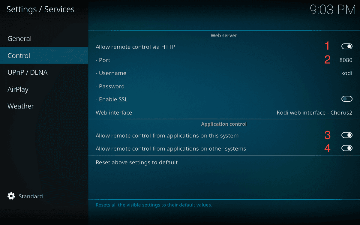 Kodi services configuration