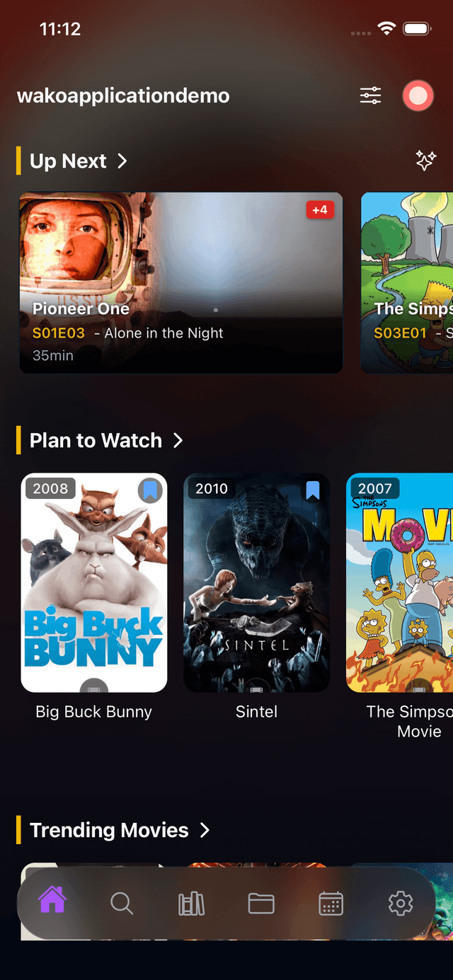 wako home screen showing trending movies and TV shows